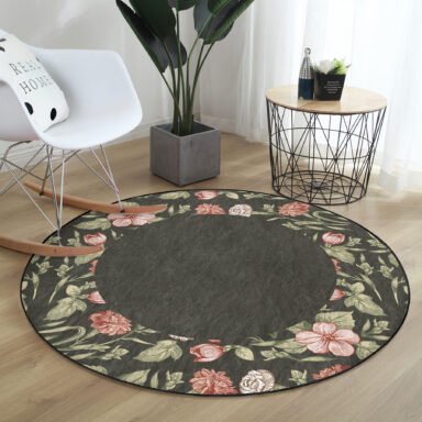 Renkli Gül Motifli Modern Yeşil Salon Ve Oturma Odası Yıkanabilir Kaymaz Tabanlı Yuvarlak Halı