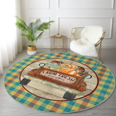 Farm Fresh Ekose Motifli Kabak Temalı Modern Renkli Outdoor Yıkanabilir Kaymaz Tabanlı Yuvarlak Halı