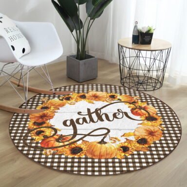 Kahve Ekose Motifli Kabak Tasarımlı Modern Kahverengi Outdoor Yıkanabilir Kaymaz Taban Yuvarlak Halı