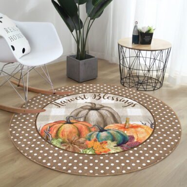 Kahve Puantiyeli Motifli Kabak Tasarımlı Kahverengi Outdoor Yıkanabilir Kaymaz Tabanlı Yuvarlak Halı