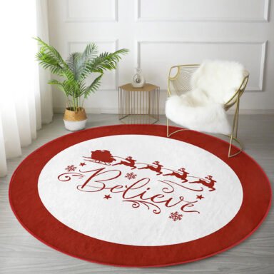 Believe Temalı Noel Baba Ve Geyikleri Özel Tasarım Bordo Outdoor Yıkanabilir Kaymaz Taban Oval Halı