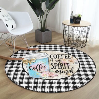 Siyah Beyaz Ekose Motifli Coffee Temalı Modern Renkli Banyo Yıkanabilir Kaymaz Tabanlı Yuvarlak Halı