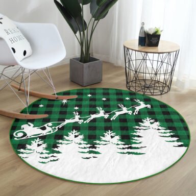 Yeşil Ekose Motifli Noel Baba Ve Geyikleri Modern Banyo Yıkanabilir Kaymaz Tabanlı Yuvarlak Halı