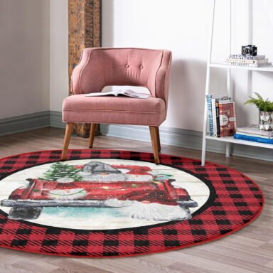 Kırmızı Ekose Yılbaşı Temalı Dijital Baskılı Bordo Outdoor Yıkanabilir Kaymaz Tabanlı Yuvarlak Halı