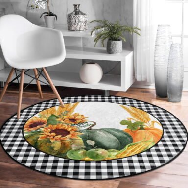 Kabak Temalı Siyah Beyaz Ekose Tasarımlı Renkli Outdoor Yıkanabilir Kaymaz Tabanlı Yuvarlak Halı