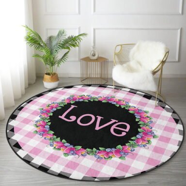 Siyah Beyaz Ekose Pembe Love Temalı Modern Çocuk Genç Odası Yıkanabilir Kaymaz Tabanlı Yuvarlak Halı