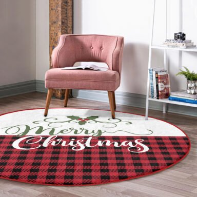 Mery Christmas Temalı Ekose Tasarımlı Modern Bordo Outdoor Yıkanabilir Kaymaz Tabanlı Yuvarlak Halı