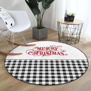 Mery Christmas Temalı Ekose Tasarımlı Modern Siyah Outdoor Yıkanabilir Kaymaz Tabanlı Yuvarlak Halı