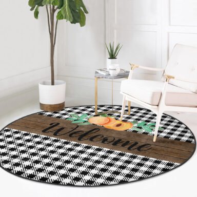 Siyah Beyaz Ekose Welcome Temalı Modern Kahverengi Outdoor Yıkanabilir Kaymaz Tabanlı Yuvarlak Halı
