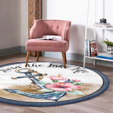 Dijital Baskılı Çapa Motifli Özel Tasarım Lacivert Outdoor Yıkanabilir Kaymaz Taban Oval Kadife Halı