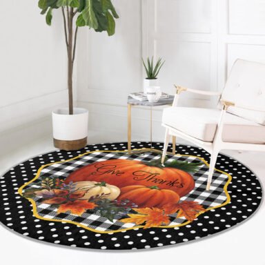 Siyah Puantiyeli Kabak Tasarımlı Modern Turuncu Outdoor Yıkanabilir Kaymaz Tabanlı Yuvarlak Halı