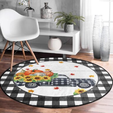 Siyah Ekose Kabak Tasarımlı Dijital Baskılı Renkli Outdoor Yıkanabilir Kaymaz Tabanlı Yuvarlak Halı