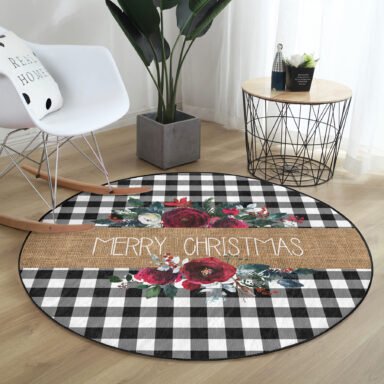 Mery Christmas Temalı Siyah Beyaz Ekose Gül Detaylı Modern Bordo Outdoor Kaymaz Taban Yuvarlak Halı