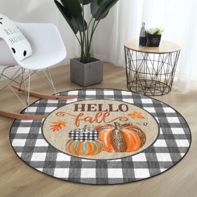 Ekose Motifli Kabak Tasarımlı Modern Turuncu Outdoor Yıkanabilir Kaymaz Tabanlı Yuvarlak Halı