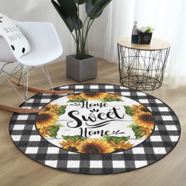 Siyah Beyaz Ekose Home Sweet Temalı Modern Gold Outdoor Yıkanabilir Kaymaz Tabanlı Yuvarlak Halı