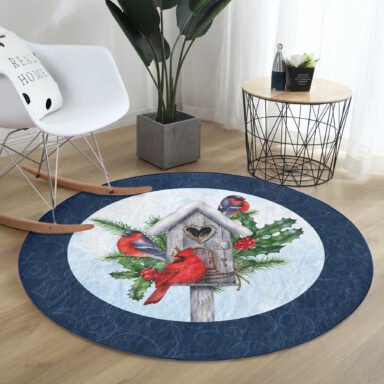 Yılbaşı Temalı Kuş Tasarımlı Modern Lacivert Outdoor Yıkanabilir Kaymaz Tabanlı Yuvarlak Halı