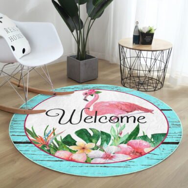Tropik Yaprak Motifli Flamingo Tasarımlı Turkuaz Outdoor Yıkanabilir Kaymaz Tabanlı Yuvarlak Halı