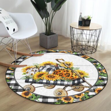 Ekose Kabak Motifli Dijital Baskılı Gold Outdoor Yıkanabilir Kaymaz Tabanlı Yuvarlak Kadife Halı