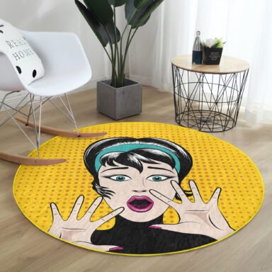 Pop Art Resimli Pembe Çocuk Ve Genç Odası Yıkanabilir Kaymaz Tabanlı Yuvarlak Halı