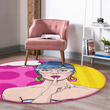 Pop Art Dijital Baskılı Pembe Çocuk Ve Genç Odası Yıkanabilir Kaymaz Tabanlı Yuvarlak Halı