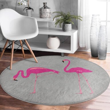 Gri Zemin Flamingo Desenli Dijital Baskılı Balkon Yıkanabilir Kaymaz Tabanlı Yuvarlak Halı