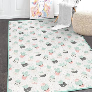 Minimalist Kaktüs Desenli Dikdörtgen Çocuk Halısı - Kaymaz Taban ve Yıkanabilir Özellikler