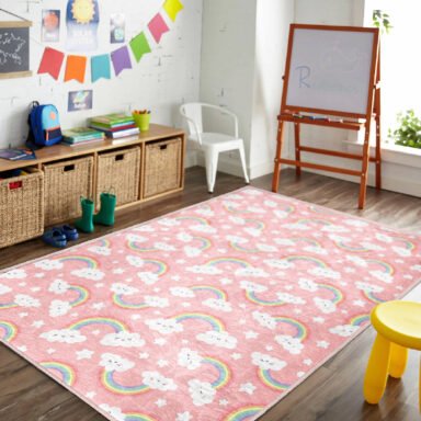 Renkli Gökkuşağı ve Bulut Desenli Yıkanabilir Kaymaz Taban Çocuk Halısı