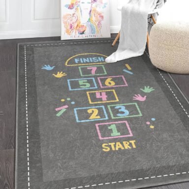 Renkli Hopscotch Desenli Çocuk Odası İçin Makinede Yıkanabilir Kaymaz Taban Halı