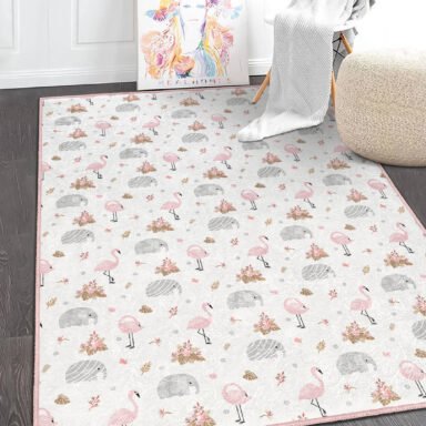 Pembe Flamingo Desenli Yıkanabilir Kaymaz Taban Çocuk Halısı – Dikdörtgen Şekilde