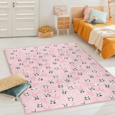 Pembe Zeminde Sevimli Panda Desenli Dikdörtgen Çocuk Halısı - Yıkanabilir Kaymaz Tabanlı