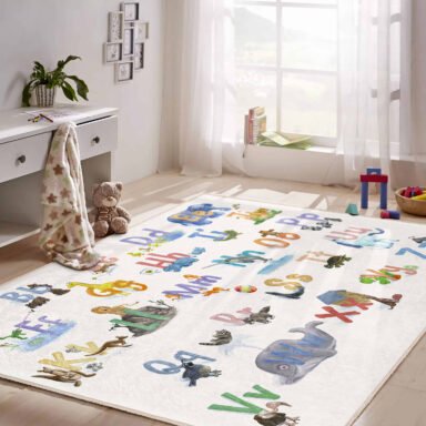 Renkli Hayvan ve Harf Desenli Çocuk Odası için Yıkanabilir Kaymaz Taban Halı