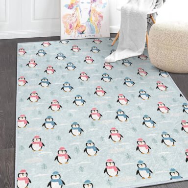 Penguen Desenli Renkli Çocuk Halısı - Makinede Yıkanabilir Kaymaz Tabanlı Dikdörtgen Halı