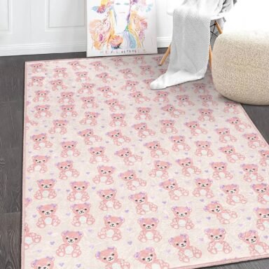 Sevimli Pembe Ayıcık Desenli Makinede Yıkanabilir Kaymaz Taban Çocuk Halısı