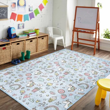 Renkli Unicorn ve Yıldız Desenli Çocuk Halısı - Makinede Yıkanabilir Kaymaz Tabanlı Dikdörtgen Halı