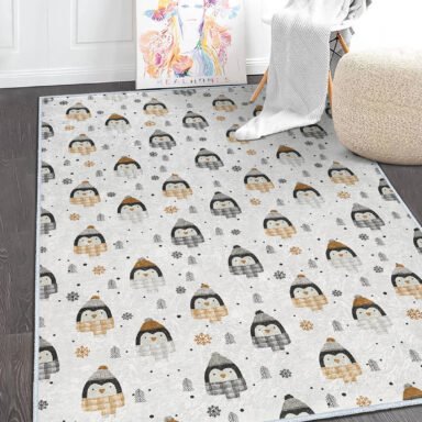 Penguen Motifli Renkli ve Neşeli Yıkanabilir Kaymaz Taban Çocuk Halısı