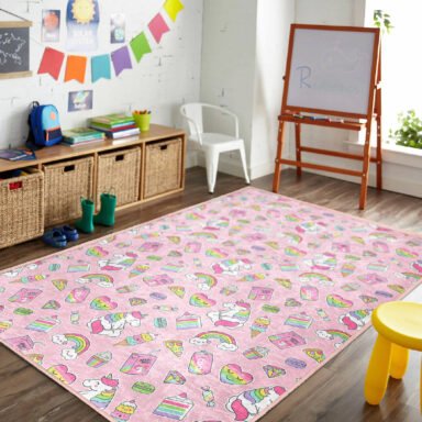 Pembe Arka Planda Unicorn Temalı Çocuk Halısı - Yıkanabilir Kaymaz Tabanlı Dikdörtgen Halı