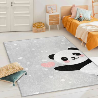 Tatlı Panda Desenli Dikdörtgen Çocuk Halısı - Kaymaz Taban & Yıkanabilir Kid's Rug