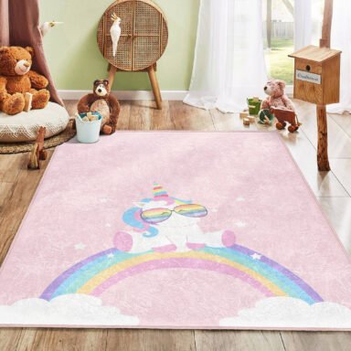 Unicorn Temalı Çocuk Halısı - Rengarenk Bulutlar ve Gökkuşağı Deseniyle Yıkanabilir Kaymaz Taban Halı