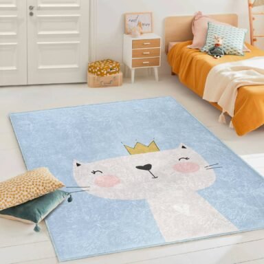 Sevimli Pembe Kedi Desenli Çocuk Halısı - Yıkanabilir Kaymaz Tabanlı Dikdörtgen Halı