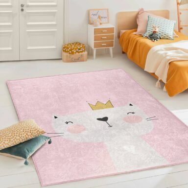Sevimli Taçlı Kedi Desenli Dikdörtgen Çocuk Halısı - Yıkanabilir Kaymaz Tabanlı Kolay Temizlenir