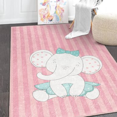 Sevimli Fil Temalı Pembe Şeritli Dijital Baskılı Kaymaz Taban Çocuk Halısı | Makinede Yıkanabilir