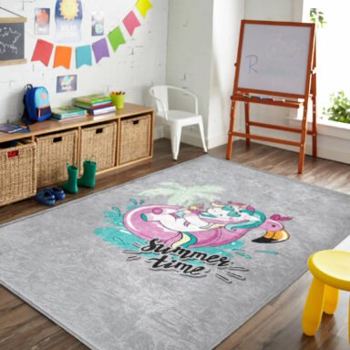 Çocuk Halısı - Yaz Temalı Tek Boynuzlu At ve Flamingo Desenli Yıkanabilir Kaymaz Taban Halı
