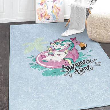 Yaz Temalı Unicorn Desenli Yıkanabilir Kaymaz Taban Çocuk Halısı
