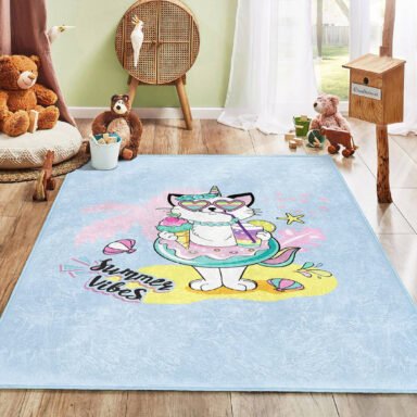 Yaz Temalı Renkli Kedi Desenli Çocuk Halısı | Kaymaz Tabanlı Makinede Yıkanabilir