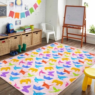 Renkli Origami Hayvan Desenli Yıkanabilir Kaymaz Taban Çocuk Halısı - Dikdörtgen Oda Aksesuarı