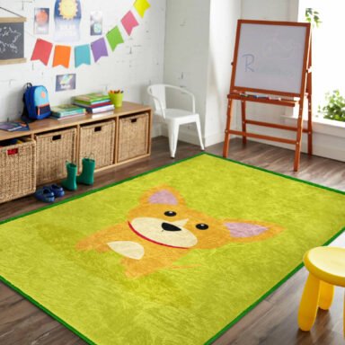 Kawaii Stilde Sevimli Yavru Köpekli Çocuk Halısı - Makinede Yıkanabilir Kaymaz Tabanlı Dikdörtgen Halı