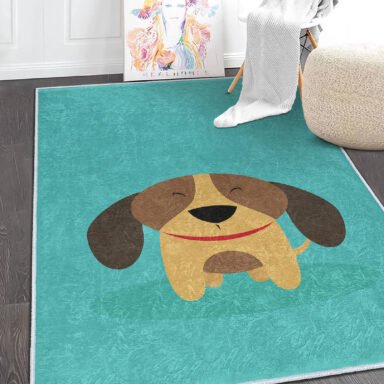 Bebek Oyun Alanları İçin Şirin Köpek Desenli Dikdörtgen Yıkanabilir Kaymaz Taban Halı