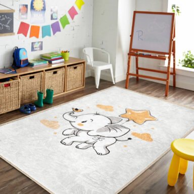 Sevimli Fil Desenli Renkli Çocuk Halısı – 3D Dijital Baskı ile Makinede Yıkanabilir Kaymaz Taban Halı