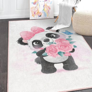 Pembe Fonda Çiçeklerle Pandalı Renkli Çocuk Halısı – Yıkanabilir Kaymaz Taban Halı