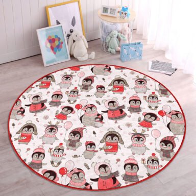 Sevimli Penguen Ve Yavruları Çocuk Odası Makinede Yıkanabilir Kaymaz Tabanlı Yuvarlak Kadife Halı